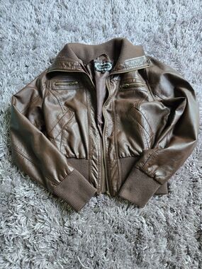 Ambiance Brown Women's Faux Leather Bomber Jacket - Classic Ribbed Hem